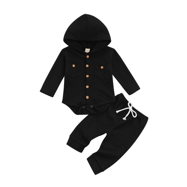 Black Waffle Long Sleeve Hooded Romper