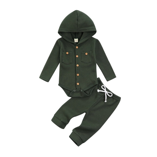 Forest Green Waffle Long Sleeve Hooded Romper