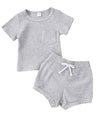 Grey Ribbed Knit Short Sleeve Set
