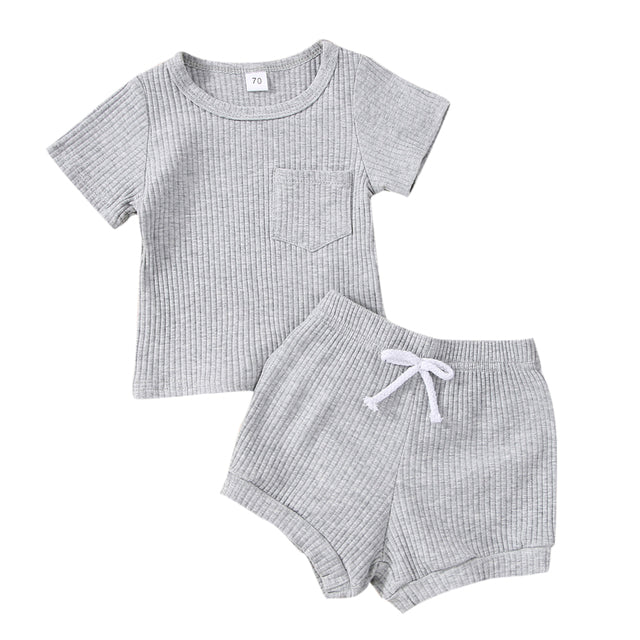 Grey Ribbed Knit Short Sleeve Set