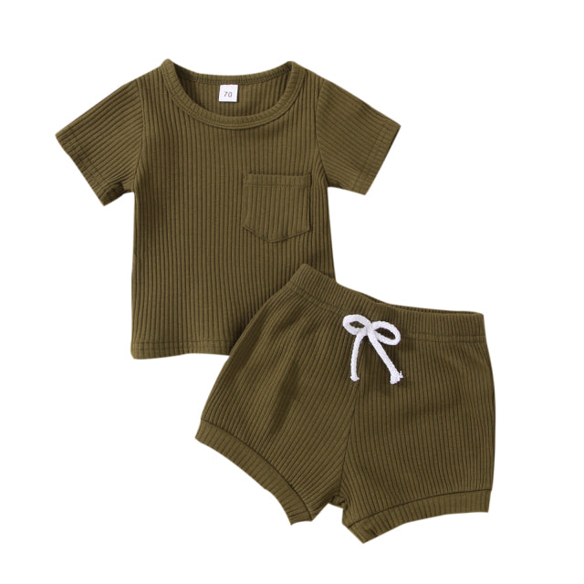 Olive Ribbed Knit Short Sleeve Set