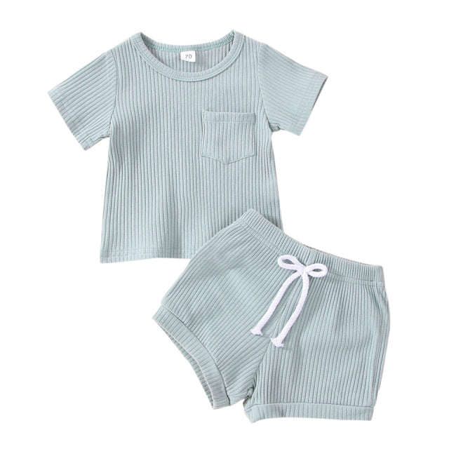 Sky Ribbed Knit Short Sleeve Set